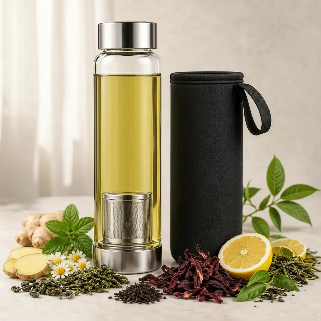 Garrafa De Vidro Infusor Inox Capa Térmica 550ml Chá Detox