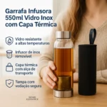 Garrafa De Vidro Infusor Inox Capa Térmica 550ml Chá Detox